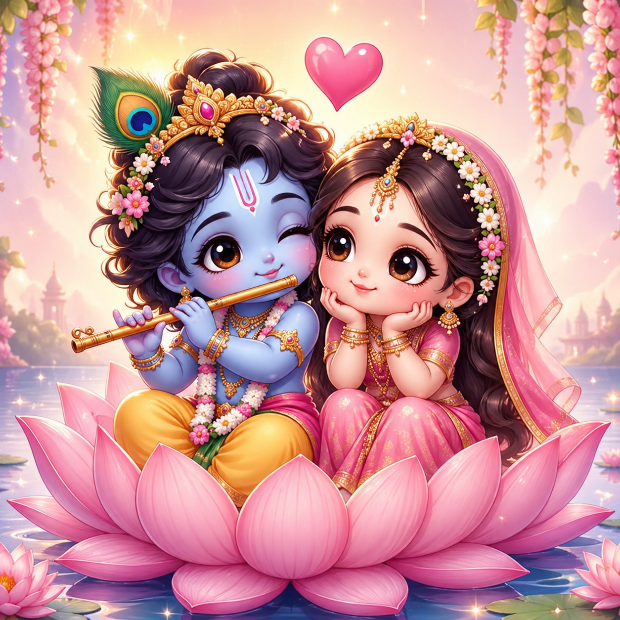 Kawaii Radha Krishna couple matching DP with cute animated style and colorful pastel tones